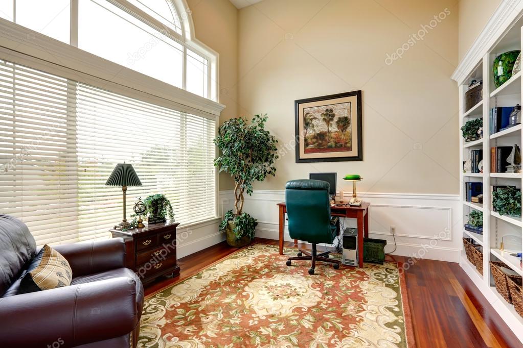 Office Room Interior In Luxury House With High Ceiling