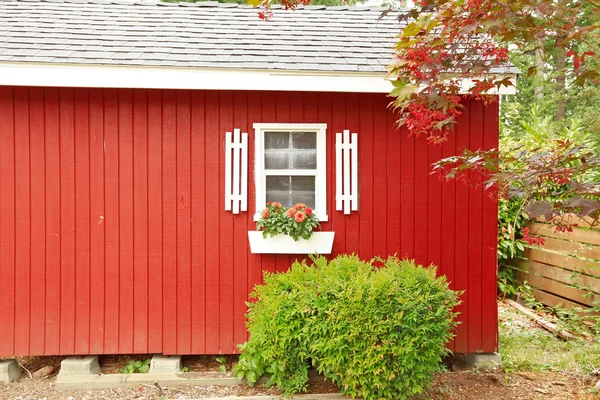 Ярко-красная стена с белым окном — стоковое фото