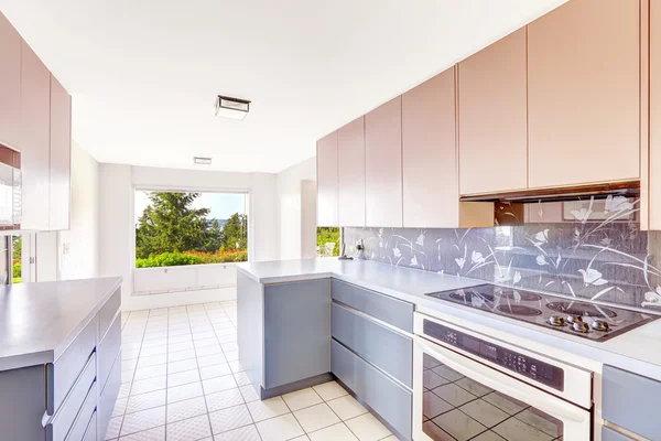 Sala de cozinha com combinação de armazenamento azul e rosa — Fotografia de Stock