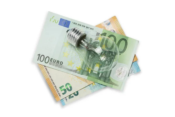 Ampoule Sur Billets Euros Isolée Concept Coût Énergétique — Photo