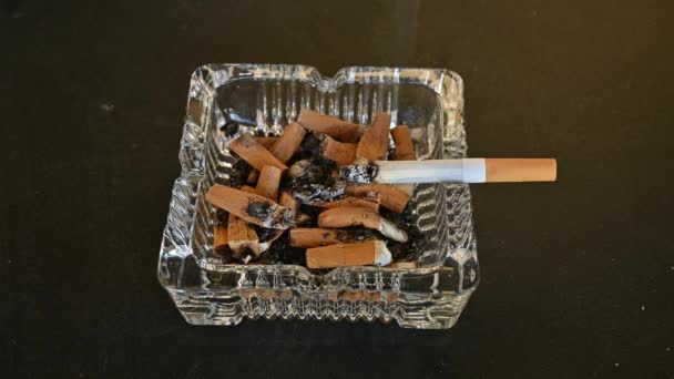 Closeup Της Πλήρους Τασάκι Και Άνθρωπος Καπνίζει Ένα Τσιγάρο — Αρχείο Βίντεο