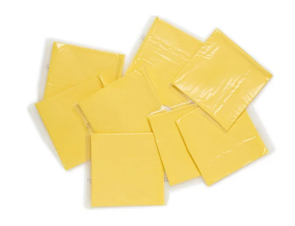 Slices Wrapped Nylon Cheddar Cheese Isolated White — Stockfoto