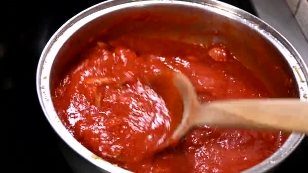 파스타용 토마토 소스와 국자를 실시간으로 요리하는 — 비디오