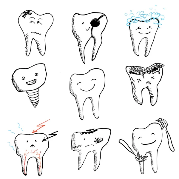 Mano disegnato denti divertenti, collezione icone vettoriali — Vettoriale Stock