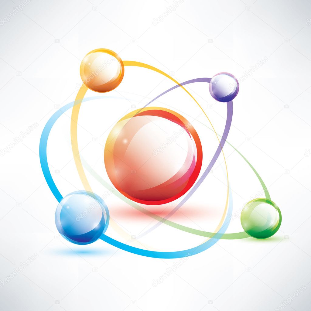 atom structure, abstract glossy icon, science and energy concept
