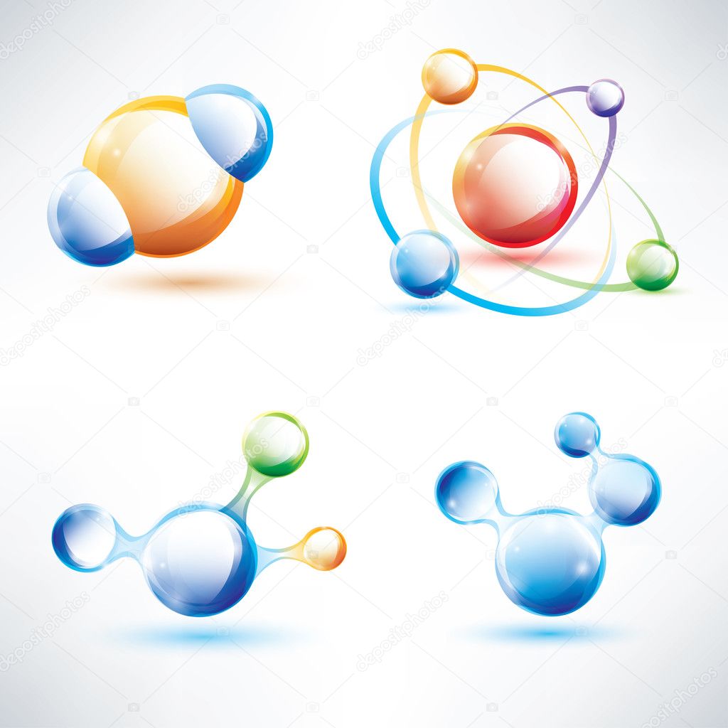 molecule structure, abstract glossy icons set, science and energ