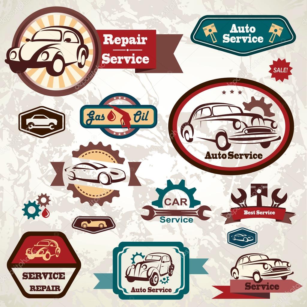 car service retro emblem, collection of vintage vector labels