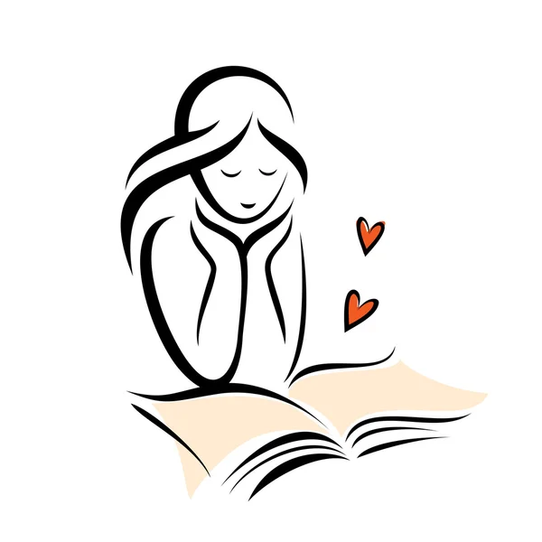 Girln a romantické knihy, izolované vektor skica — Stockový vektor