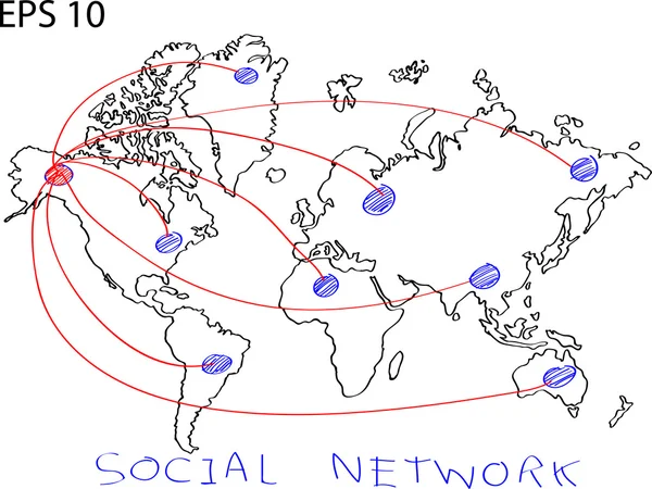 Sociaal netwerk op de wereld kaart globe vector lijn illustrator, EPS-10. — Stockvector