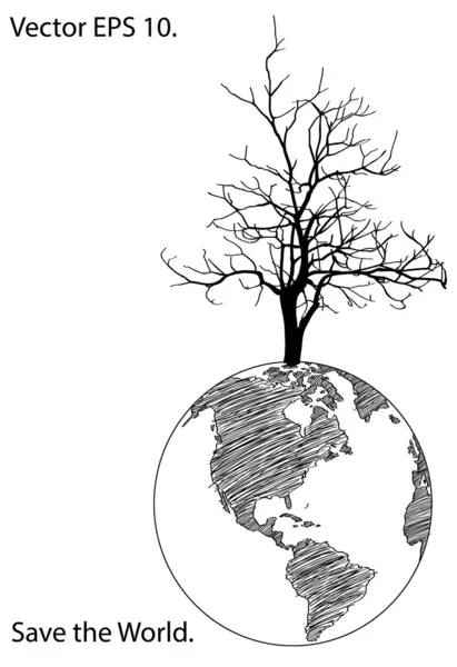 Dead Tree Stand Alone on Earth Globe for Save the World concept Vector Illustration sketched, EPS 10. — Stock Vector