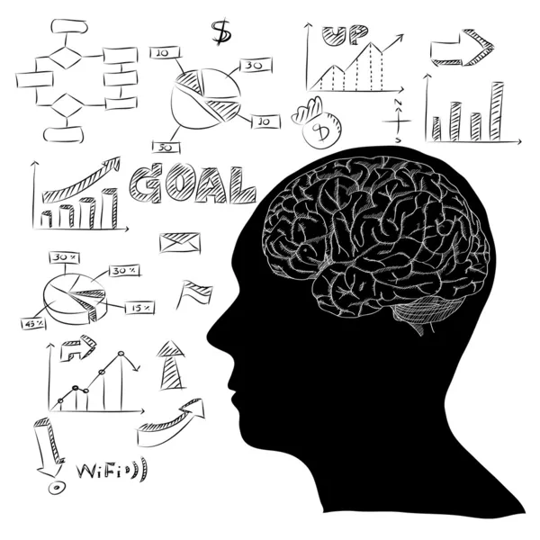 Human Brain with Infographic Diagram for Business and Technology Concept Vector Outline Sketched Up, Vector Illustration EPS 10. — Stock Vector