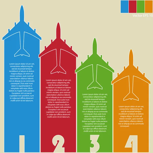 Infografik von bunten Flugzeugen mit buntem Hintergrund, Vektorillustration Folge 10. — Stockvektor