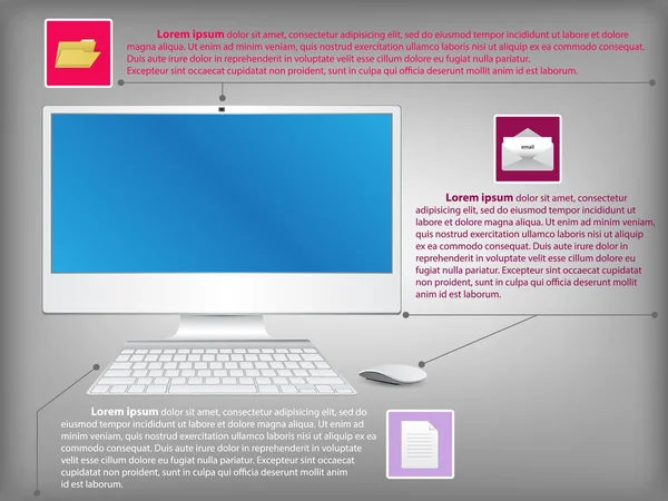 Diagrama infográfico con PC de sobremesa, tecnología y concepto de negocio, ilustración vectorial EPS 10 . — Vector de stock