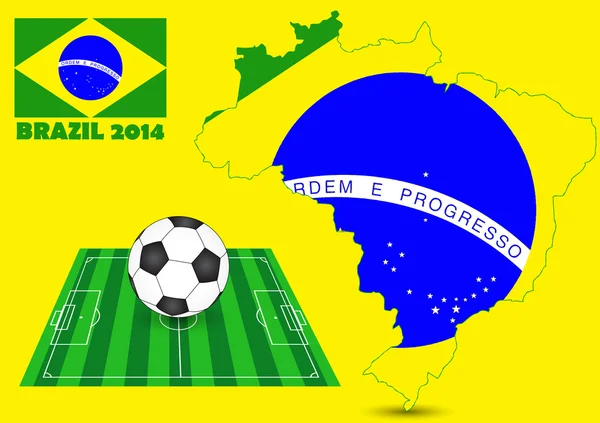 Brasil 2014 com Mapa, Bandeira, Campo de futebol e Futebol, Ilustração vetorial EPS 10 . — Vetor de Stock