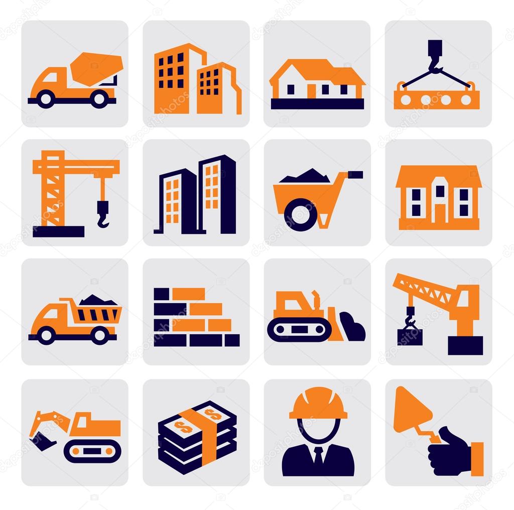 Vector black construction icons set on gray