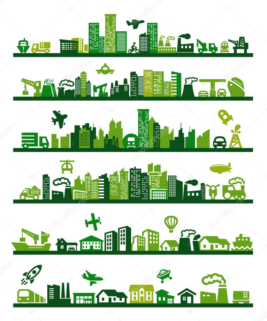 Vector green city icons set on gray