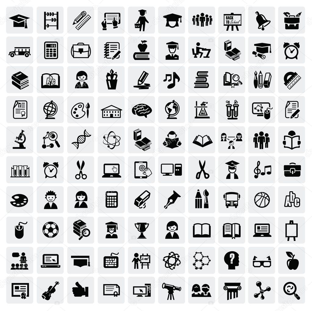 Vector black education icons set on gray