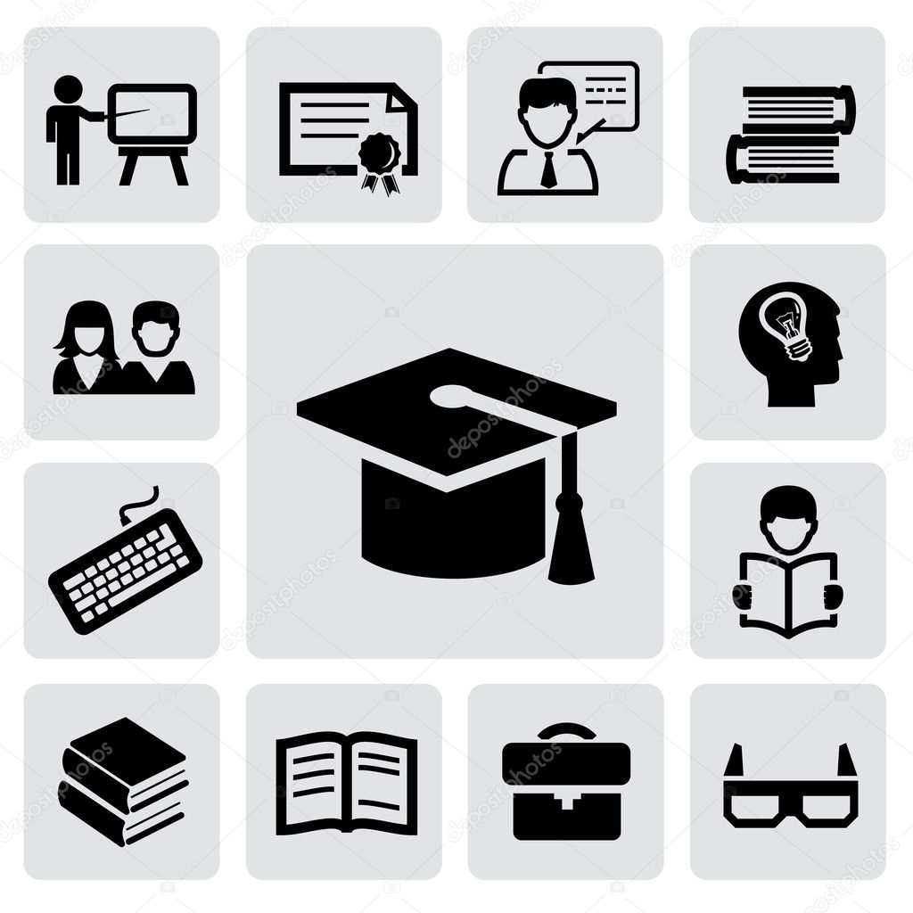 Vector black higher education icons set on gray