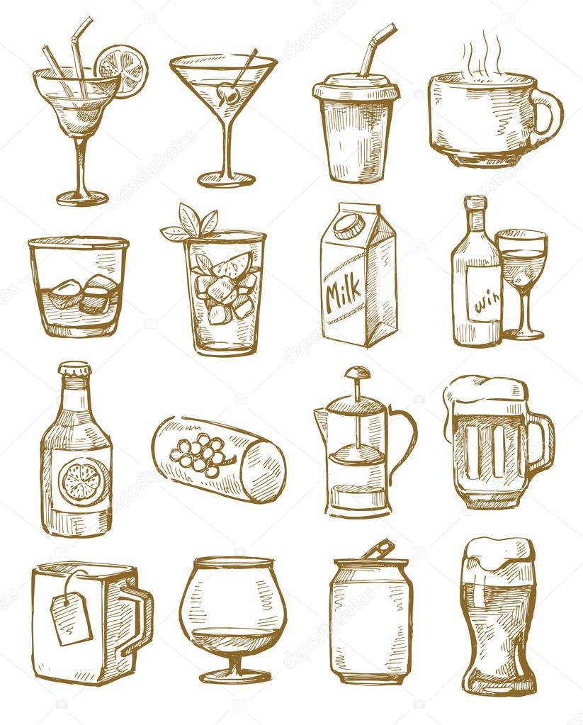 Vector hand drawn beverages icons set on white