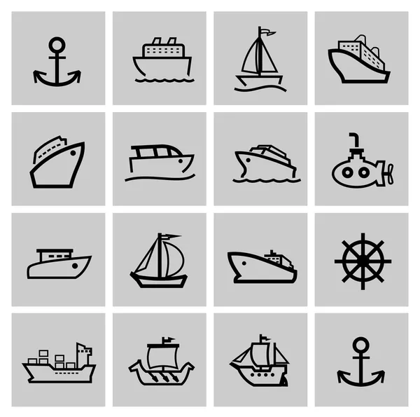 Conjunto de iconos de barco y barco negro vector — Vector de stock