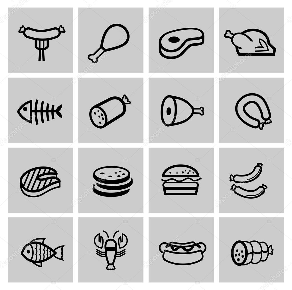 Vector black meat and sausage icon set