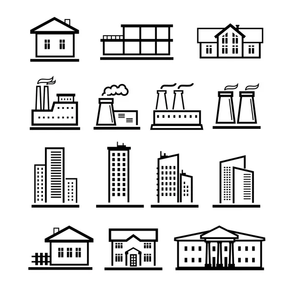 Vetor preto edifícios e fábricas ícones conjunto — Vetor de Stock