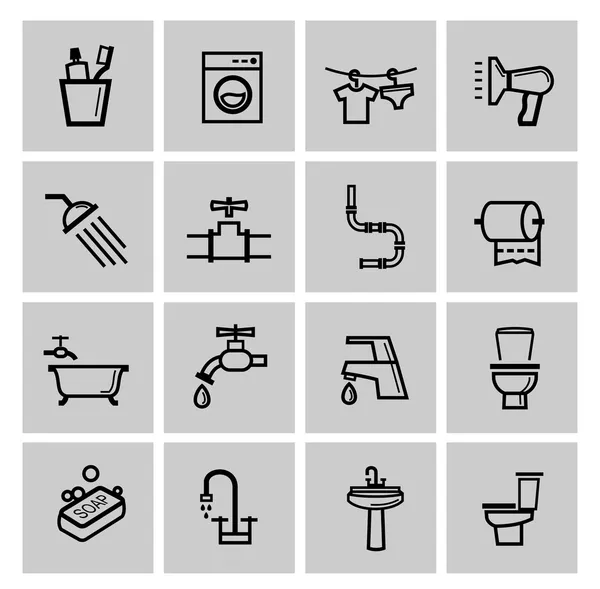 Vector zwarte badkamer icons set — Stockvector