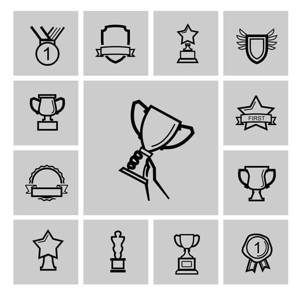 Vector black trophy and awards icons set — Stock Vector