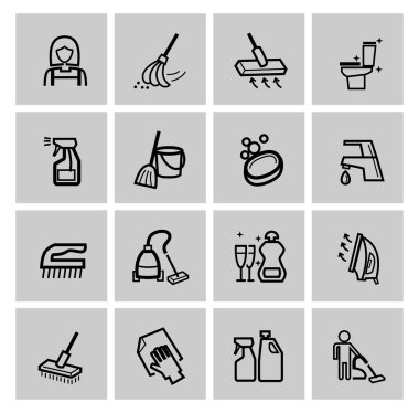 Temizlik siyah vektör simgeleri ayarlamak