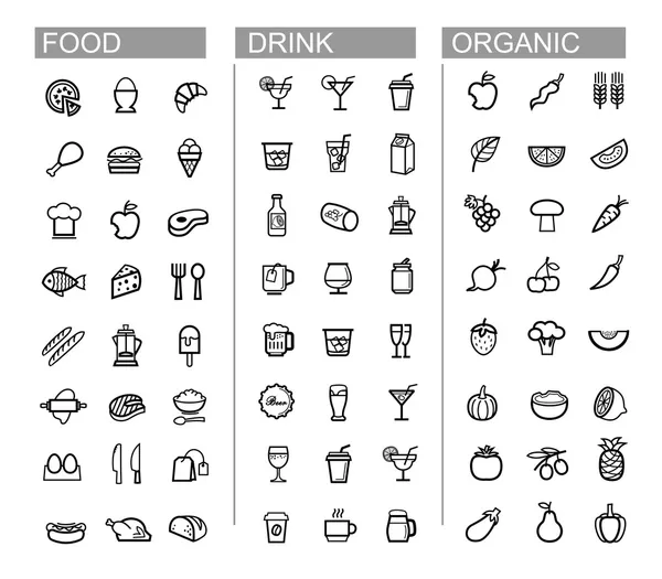 Vector van de zwarte drank, voedsel, keuken icons set — Stockvector