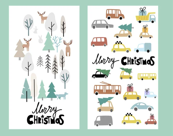 Праздничная открытка с рождественскими деревьями и улицей с автомобилями. — стоковый вектор
