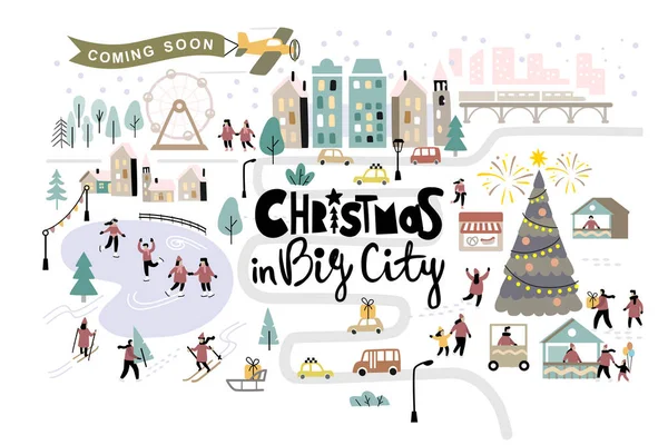 Bonne année et joyeux Noël hiver ville rue vecteur. Panorama de ville. — Image vectorielle