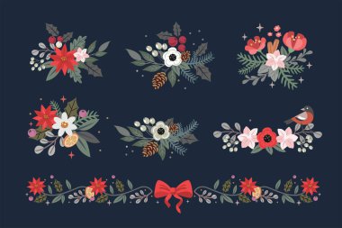 Noel çiçekleri Noel ağacı dallarıyla süslenir..