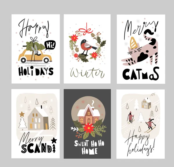 Weihnachten und Frohes Neues Jahr Set Grußkarten mit handgeschriebener Kalligrafie. — Stockvektor
