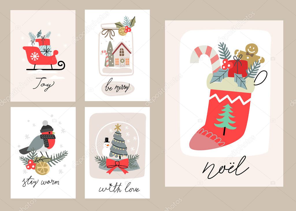 Merry Christmas and Happy New Year set greeting cards with hand calligraphy.