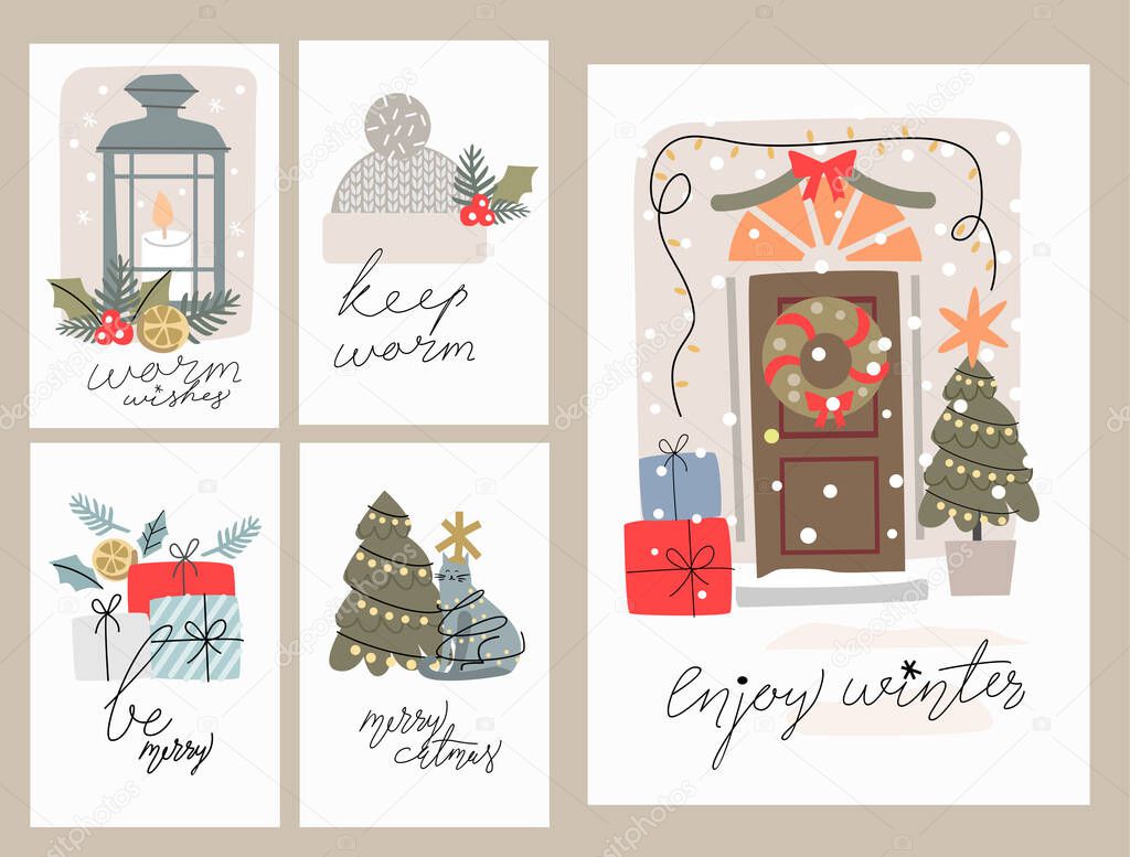 Merry Christmas and Happy New Year vector set greeting cards with hand calligraphy.