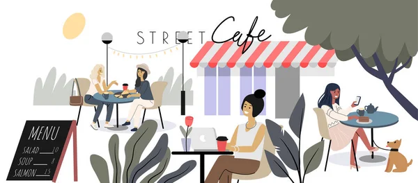 Nyári szabadtéri kávézó. Az emberek isznak és esznek az utcán. A barátnők beszélgetnek és pihennek. — Stock Vector