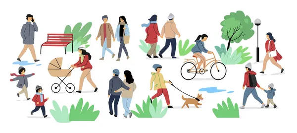 Menschen im Park spazieren Freizeit im Freien Frühling. Cartoon-Vektorfigur — Stockvektor