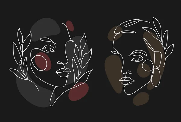 Les femmes font face à un art linéaire avec des feuilles. Style continu — Image vectorielle