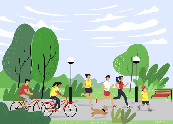 Az emberek a Városligetben futnak és bicikliznek. Rajzfilmfigurák — Stock Vector