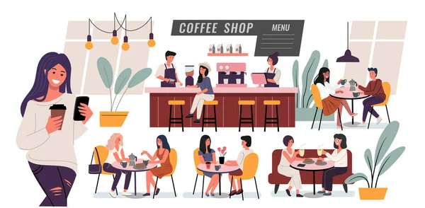 Kahve dükkanındaki insanlar yemek yiyor. Çizgi film vektör karakteri. Kadın ve erkek konuşuyor, kahve içiyor. — Stok Vektör