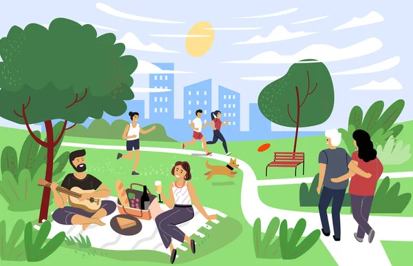 La gente en el parque a pie de ocio al aire libre hora de verano. Personajes de vector de dibujos animados — Archivo Imágenes Vectoriales