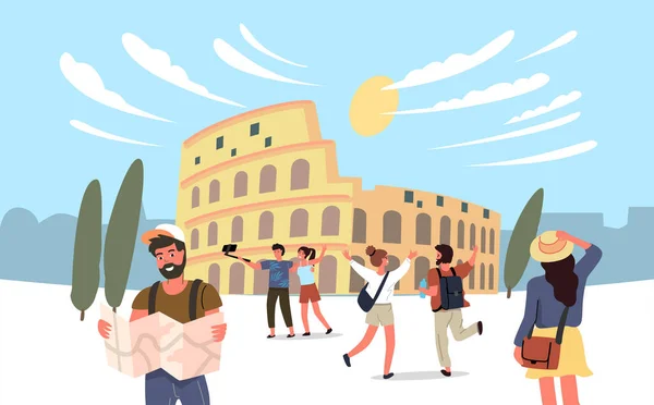 Rom Vektor Kolosseum mit Touristen. Karikaturen zum Thema Reisen. — Stockvektor