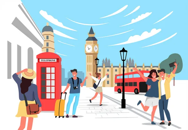 London vector with tourists. Travel theme cartoon people in city — Stock Vector