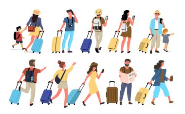 Havaalanındaki insanlar seyahate çıkıyorlar. Çanta seyahat konsepti olan kadın ve erkek..