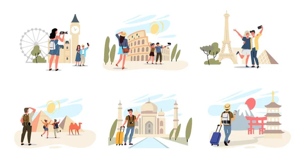 Wahrzeichen und Touristenströme der Welt. Reise-Thema Cartoon-Vektor-Figuren — Stockvektor