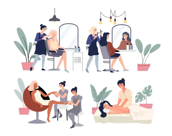 Femme dans un ensemble vectoriel salon de beauté. Massage, manucure et pédicure. Salon de coiffure — Image vectorielle