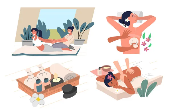 Mujer relajándose en el salón de spa. Masaje corporal personajes de dibujos animados. Resort centro de servicio. — Archivo Imágenes Vectoriales