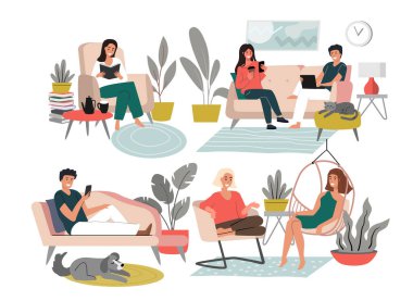 İçerideki kadın rahatla ve kadın vektör seti hakkında konuş.