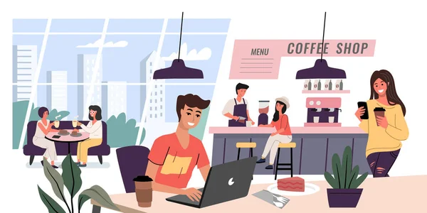 O jovem senta-se no computador portátil na cafetaria. Pessoas bebendo café e conversando —  Vetores de Stock